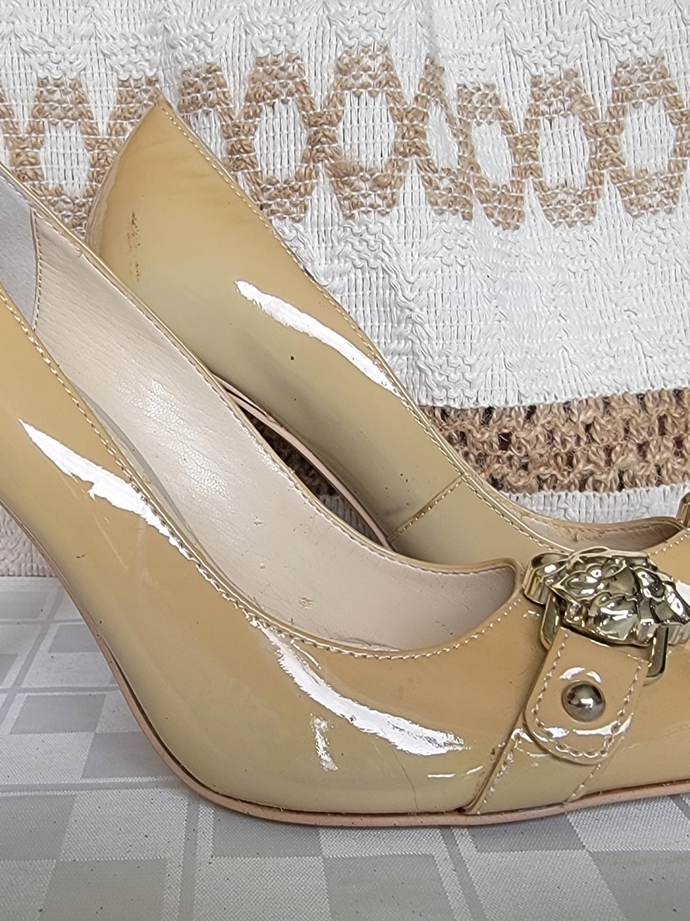 Anne Klein Nude Patent Leather Heels with Gold Buckle